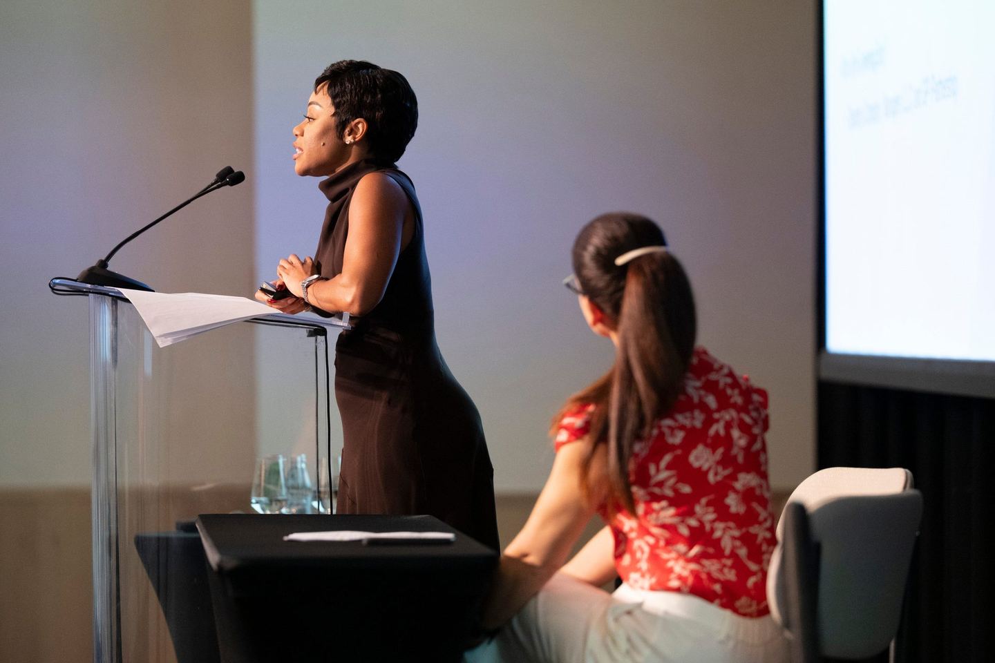 A speaker addressing delegates from the lectern while a fellow panellist listens