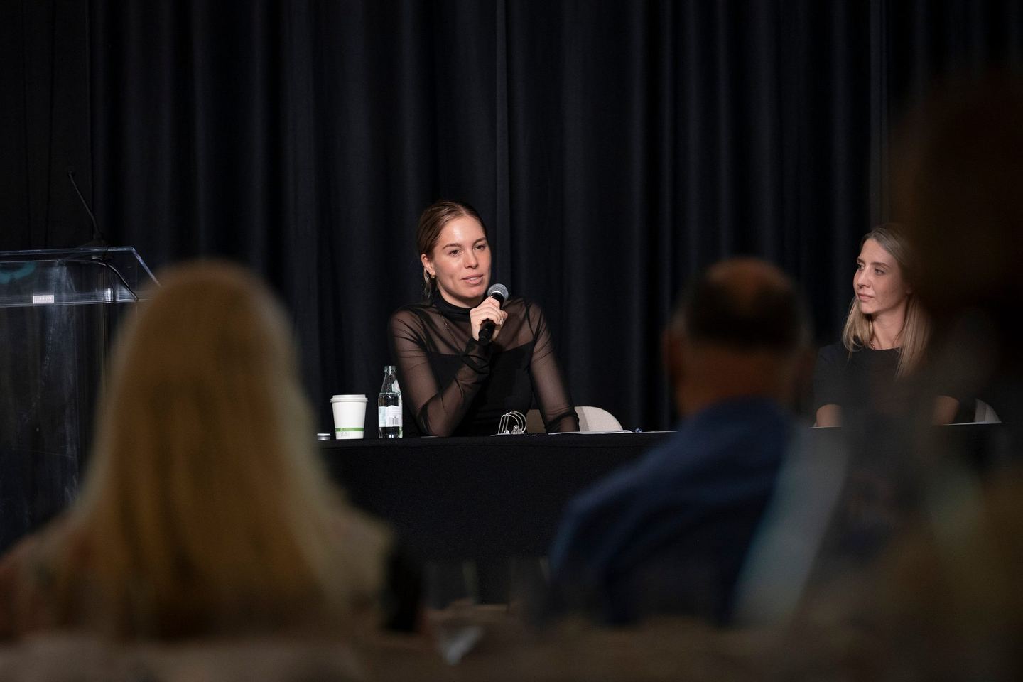 A panellist speaking into a microphone at the panel table, seen over the audience